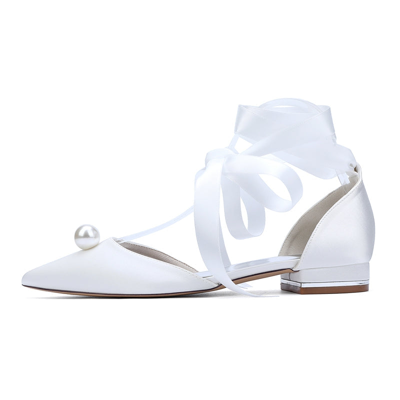 Women's Wedding Shoes Low Heel Pointed Toe Ankle Straps Bridal Shoes with Pearl