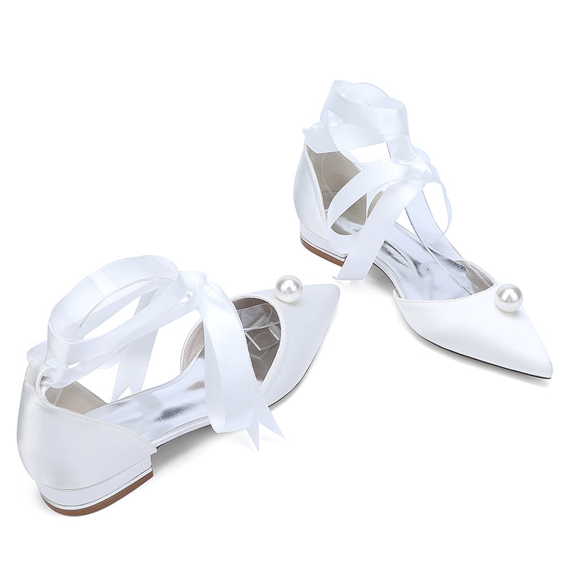 Women's Wedding Shoes Low Heel Pointed Toe Ankle Straps Bridal Shoes with Pearl
