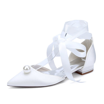 Women's Wedding Shoes Low Heel Pointed Toe Ankle Straps Bridal Shoes with Pearl