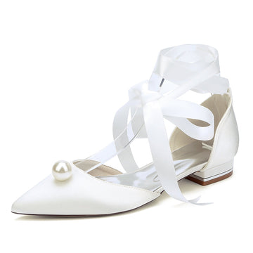 Women's Wedding Shoes Low Heel Pointed Toe Ankle Straps Bridal Shoes with Pearl