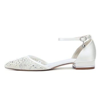 Women's Wedding Shoes Lace Pointed Toe Low Heel Buckle Bridal Shoes with Crystals