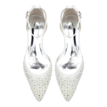 Women's Wedding Shoes Lace Pointed Toe Low Heel Buckle Bridal Shoes with Crystals