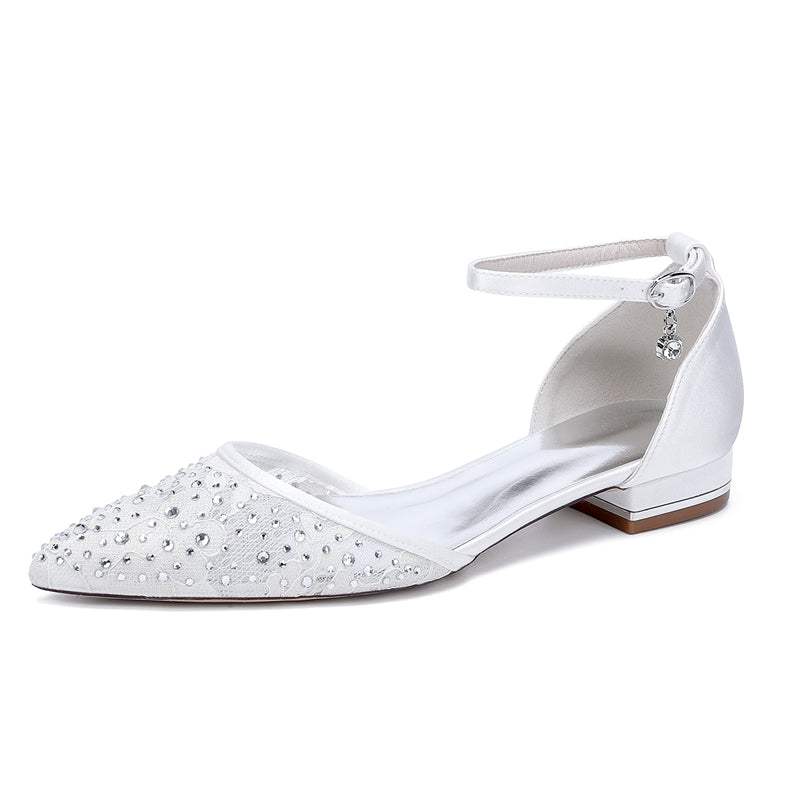 Women's Wedding Shoes Lace Pointed Toe Low Heel Buckle Bridal Shoes with Crystals