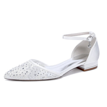 Women's Wedding Shoes Lace Pointed Toe Low Heel Buckle Bridal Shoes with Crystals