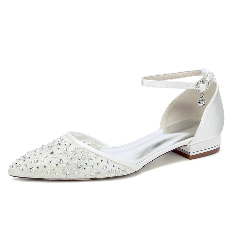 Women's Wedding Shoes Lace Pointed Toe Low Heel Buckle Bridal Shoes with Crystals