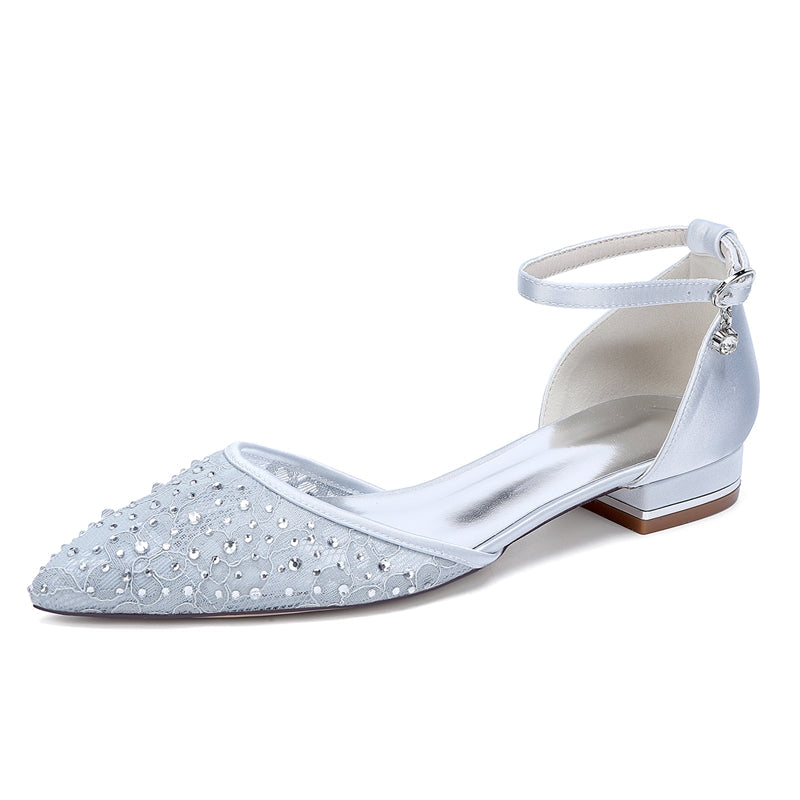 Women's Wedding Shoes Lace Pointed Toe Low Heel Buckle Bridal Shoes with Crystals