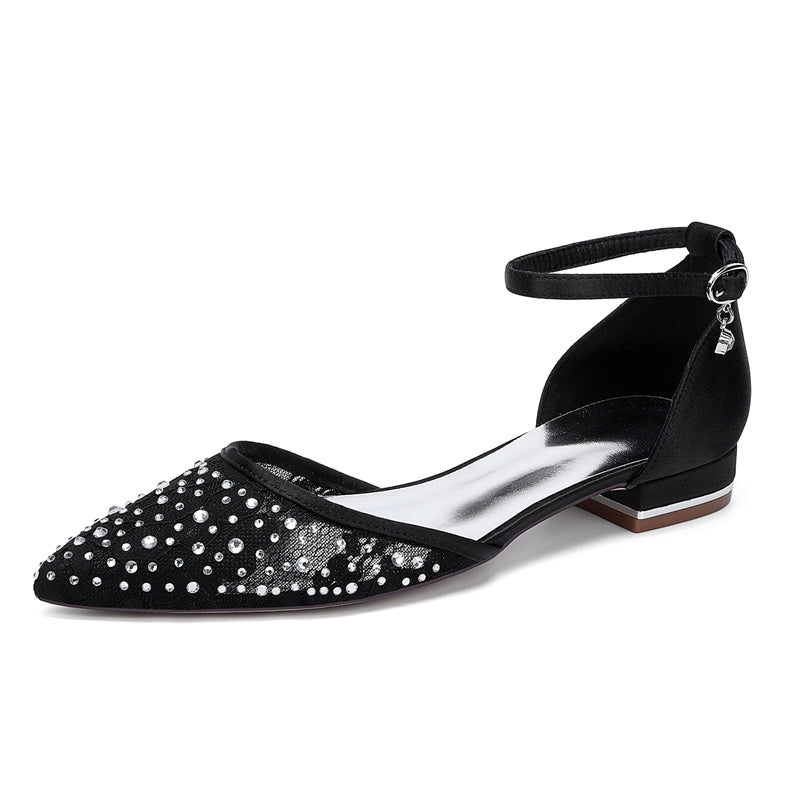 Women's Wedding Shoes Lace Pointed Toe Low Heel Buckle Bridal Shoes with Crystals