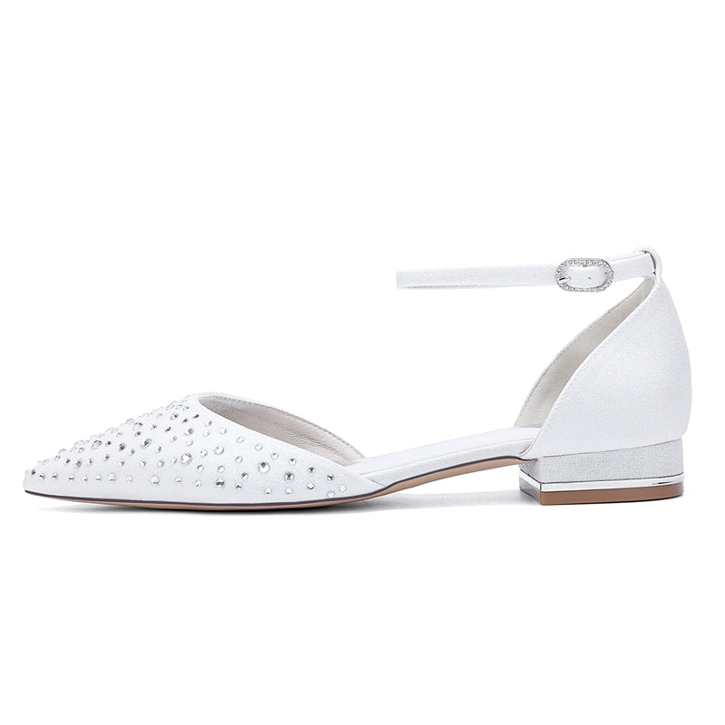 Women's Wedding Shoes Pointed Toe Low Heel Buckle Bridal Shoes with Crystals