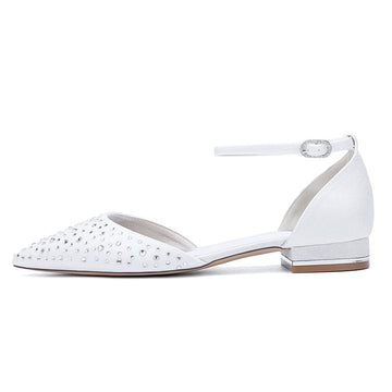 Women's Wedding Shoes Pointed Toe Low Heel Buckle Bridal Shoes with Crystals