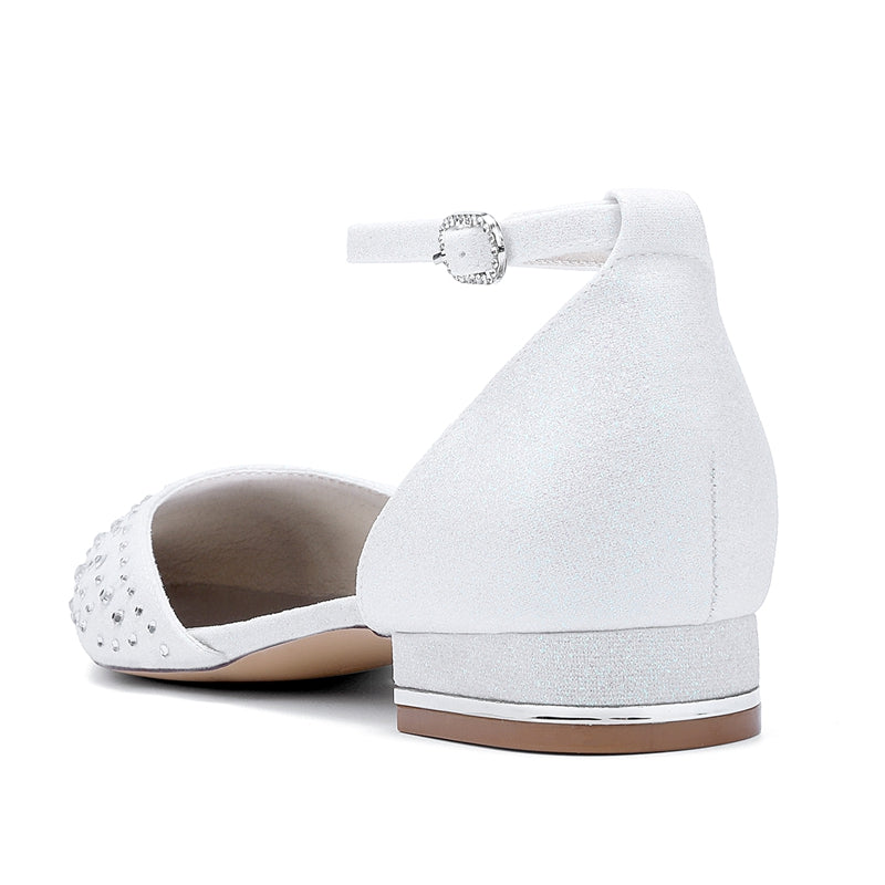 Women's Wedding Shoes Pointed Toe Low Heel Buckle Bridal Shoes with Crystals