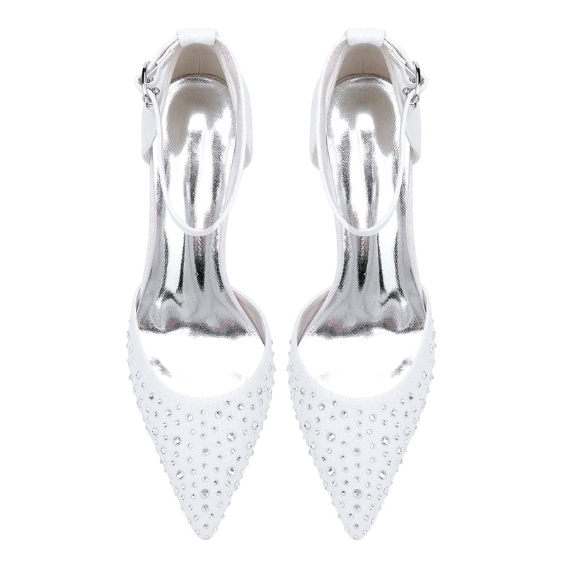Women's Wedding Shoes Pointed Toe Low Heel Buckle Bridal Shoes with Crystals