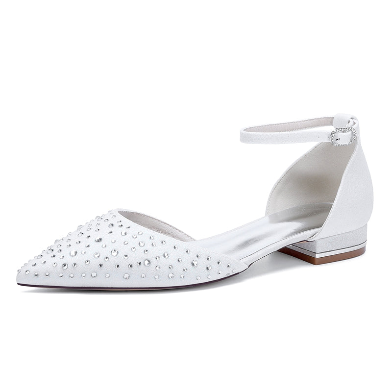 Women's Wedding Shoes Pointed Toe Low Heel Buckle Bridal Shoes with Crystals