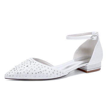 Women's Wedding Shoes Pointed Toe Low Heel Buckle Bridal Shoes with Crystals