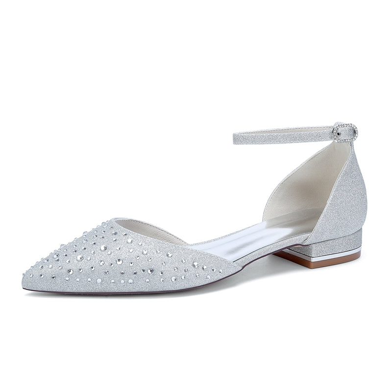 Women's Wedding Shoes Pointed Toe Low Heel Buckle Bridal Shoes with Crystals