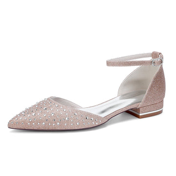 Women's Wedding Shoes Pointed Toe Low Heel Buckle Bridal Shoes with Crystals