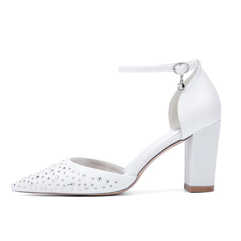 Women's Wedding Shoes Pointed Toe Block Heel Buckle Bridal Shoes with Crystals