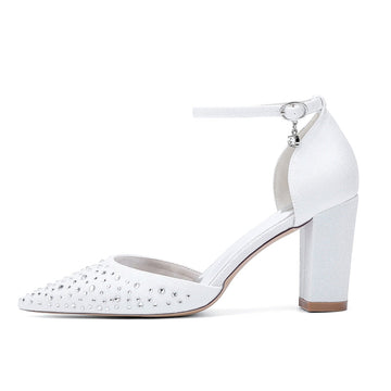 Women's Wedding Shoes Pointed Toe Block Heel Buckle Bridal Shoes with Crystals