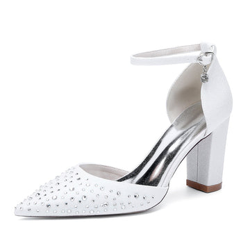Women's Wedding Shoes Pointed Toe Block Heel Buckle Bridal Shoes with Crystals