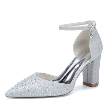 Women's Wedding Shoes Pointed Toe Block Heel Buckle Bridal Shoes with Crystals