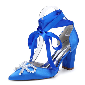 Women's Wedding Shoes Block Heel Pointed Toe Ankle Straps Bridal Shoes with Pearls & Rhinestones Bowknot