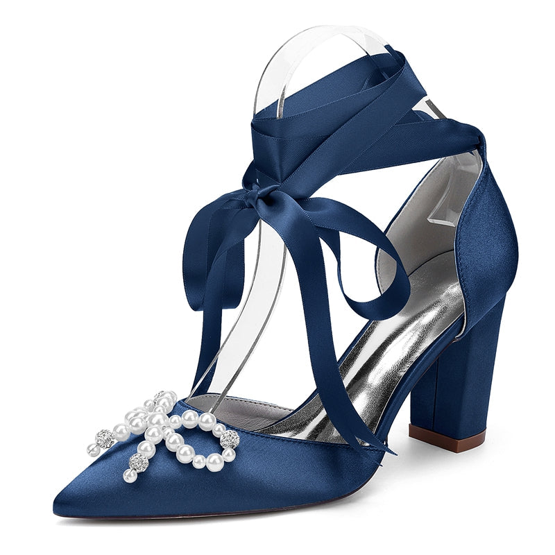 Women's Wedding Shoes Block Heel Pointed Toe Ankle Straps Bridal Shoes with Pearls & Rhinestones Bowknot