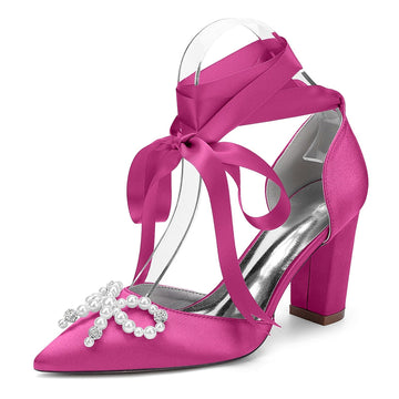 Women's Wedding Shoes Block Heel Pointed Toe Ankle Straps Bridal Shoes with Pearls & Rhinestones Bowknot