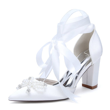 Women's Wedding Shoes Block Heel Pointed Toe Ankle Straps Bridal Shoes with Pearls & Rhinestones Bowknot