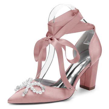 Women's Wedding Shoes Block Heel Pointed Toe Ankle Straps Bridal Shoes with Pearls & Rhinestones Bowknot