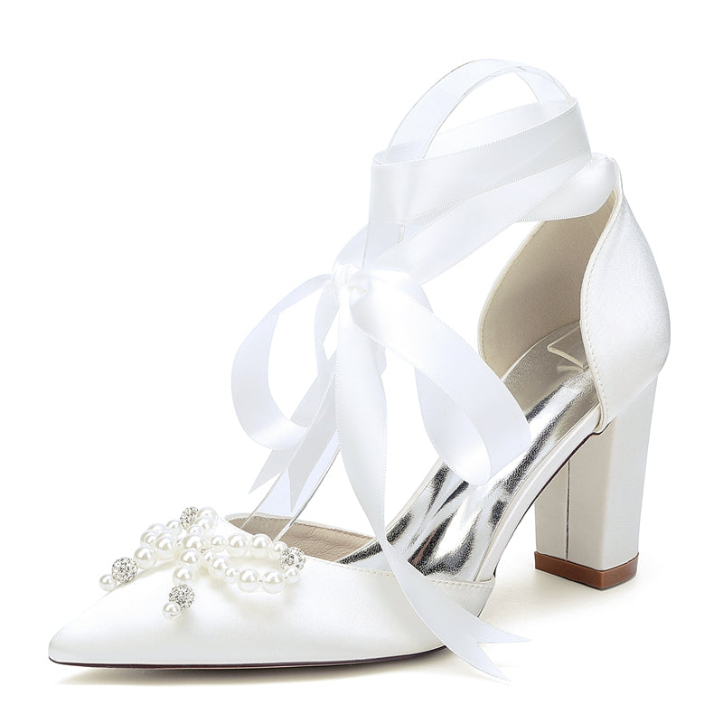 Women's Wedding Shoes Block Heel Pointed Toe Ankle Straps Bridal Shoes with Pearls & Rhinestones Bowknot