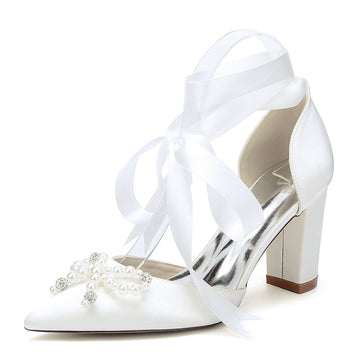 Women's Wedding Shoes Block Heel Pointed Toe Ankle Straps Bridal Shoes with Pearls & Rhinestones Bowknot