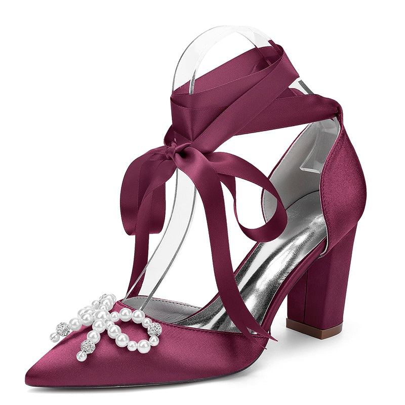 Women's Wedding Shoes Block Heel Pointed Toe Ankle Straps Bridal Shoes with Pearls & Rhinestones Bowknot