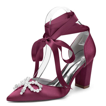 Women's Wedding Shoes Block Heel Pointed Toe Ankle Straps Bridal Shoes with Pearls & Rhinestones Bowknot