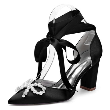 Women's Wedding Shoes Block Heel Pointed Toe Ankle Straps Bridal Shoes with Pearls & Rhinestones Bowknot