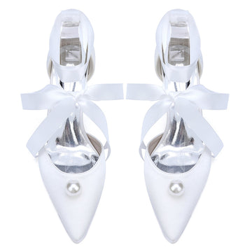 Women's Wedding Shoes Block Heel Pointed Toe Ankle Straps Bridal Shoes with Pearl