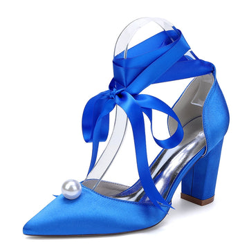 Women's Wedding Shoes Block Heel Pointed Toe Ankle Straps Bridal Shoes with Pearl