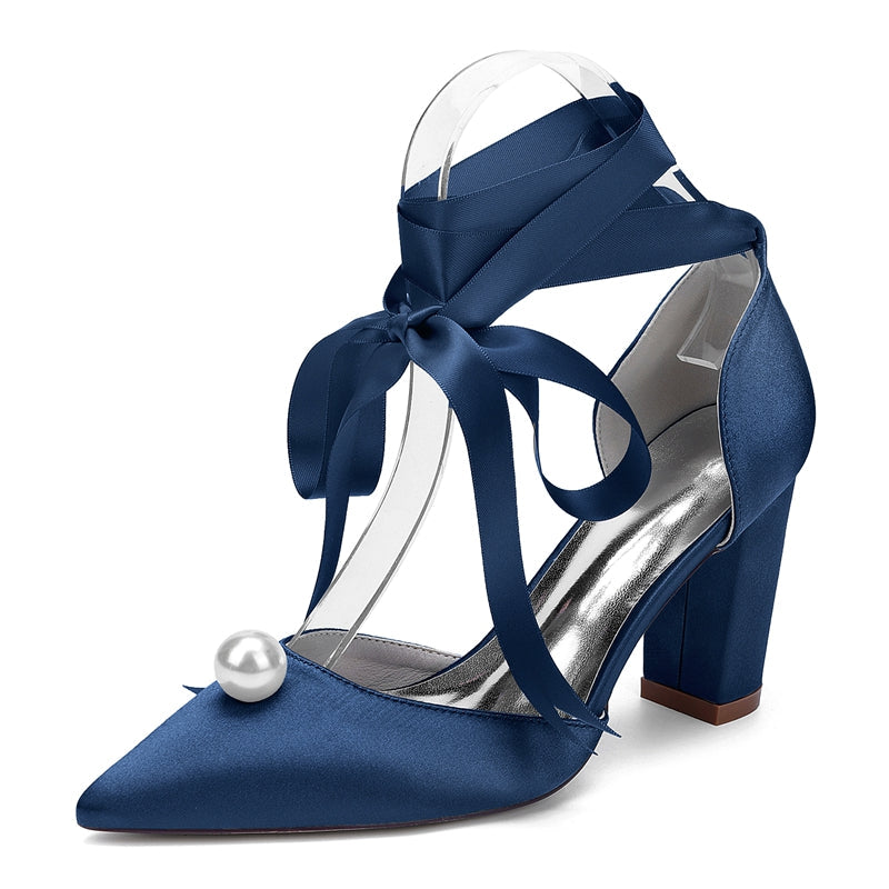 Women's Wedding Shoes Block Heel Pointed Toe Ankle Straps Bridal Shoes with Pearl