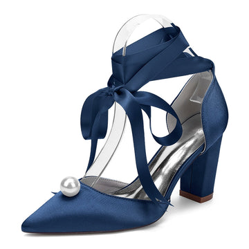 Women's Wedding Shoes Block Heel Pointed Toe Ankle Straps Bridal Shoes with Pearl