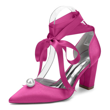 Women's Wedding Shoes Block Heel Pointed Toe Ankle Straps Bridal Shoes with Pearl