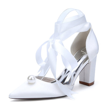 Women's Wedding Shoes Block Heel Pointed Toe Ankle Straps Bridal Shoes with Pearl
