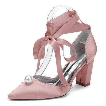 Women's Wedding Shoes Block Heel Pointed Toe Ankle Straps Bridal Shoes with Pearl