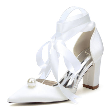 Women's Wedding Shoes Block Heel Pointed Toe Ankle Straps Bridal Shoes with Pearl