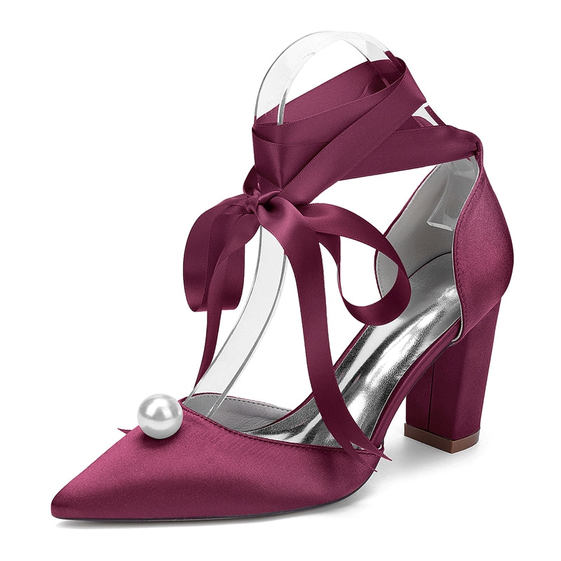 Women's Wedding Shoes Block Heel Pointed Toe Ankle Straps Bridal Shoes with Pearl