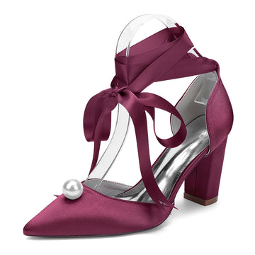 Women's Wedding Shoes Block Heel Pointed Toe Ankle Straps Bridal Shoes with Pearl