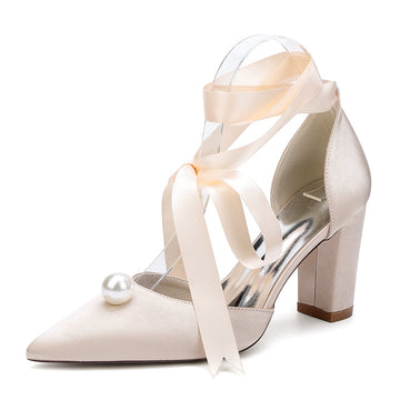 Women's Wedding Shoes Block Heel Pointed Toe Ankle Straps Bridal Shoes with Pearl