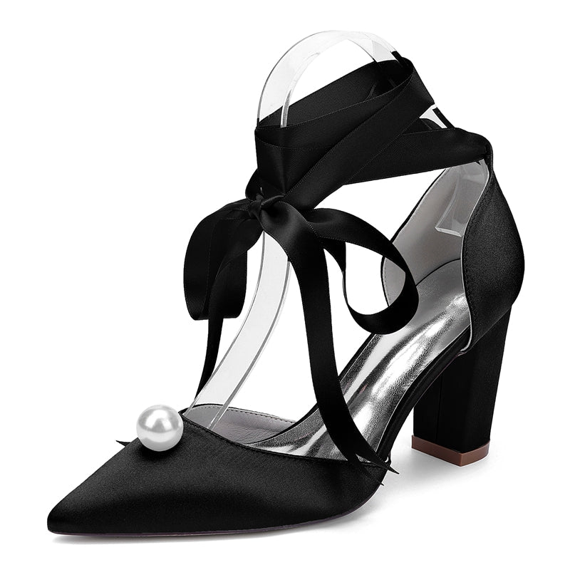 Women's Wedding Shoes Block Heel Pointed Toe Ankle Straps Bridal Shoes with Pearl