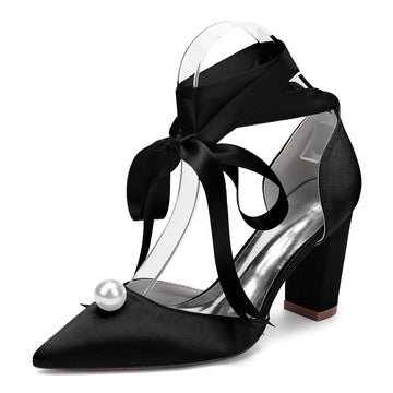 Women's Wedding Shoes Block Heel Pointed Toe Ankle Straps Bridal Shoes with Pearl