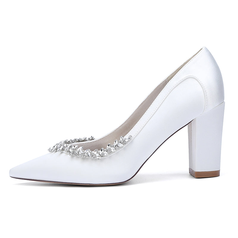Women's Wedding Shoes Block Heel Pointed Toe Simple Bridal Shoes with Rhinestones