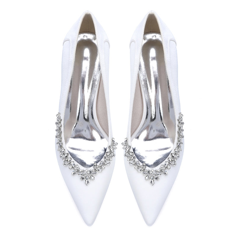 Women's Wedding Shoes Block Heel Pointed Toe Simple Bridal Shoes with Rhinestones