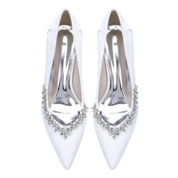 Women's Wedding Shoes Block Heel Pointed Toe Simple Bridal Shoes with Rhinestones