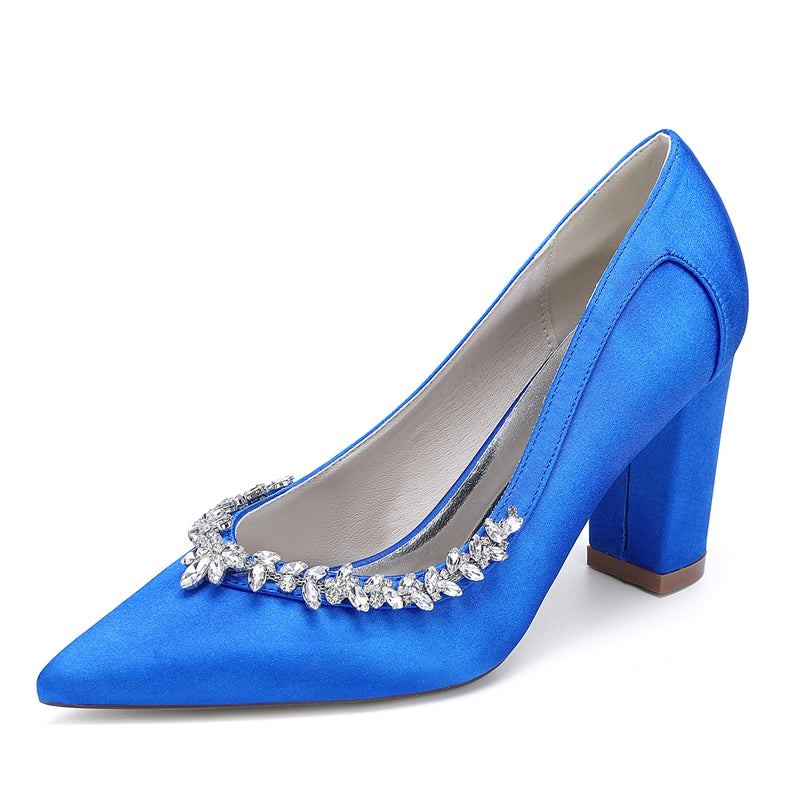 Women's Wedding Shoes Block Heel Pointed Toe Simple Bridal Shoes with Rhinestones
